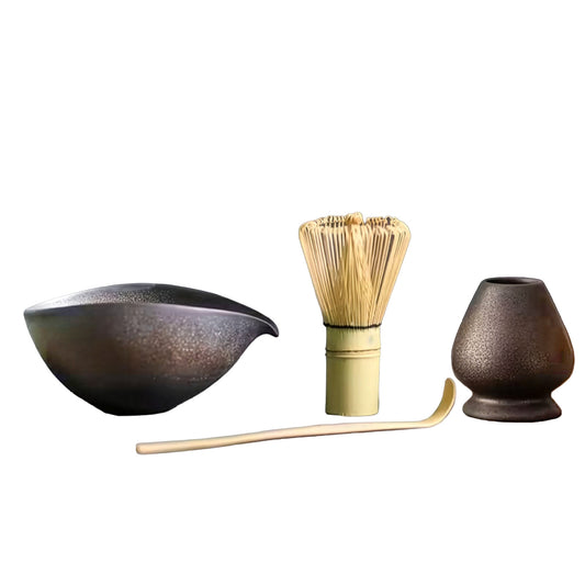 Hand-Worked Matcha Tea-Making Dark Brown Set - Bowl, Whisk & Stand, Spoon Subtle metallic glaze detail