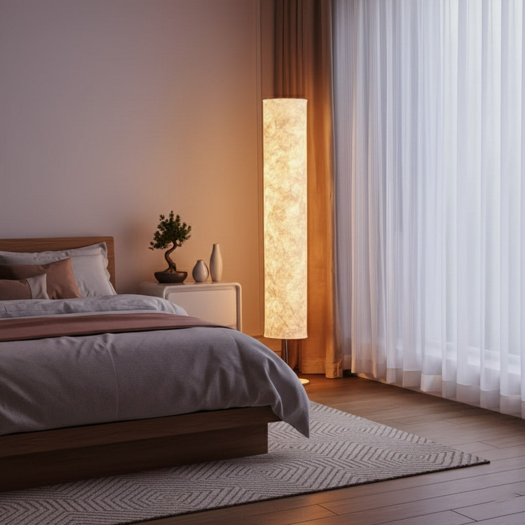 Japandi style LED Floor Lamp, Wabi Sabi fabric shade, metal base