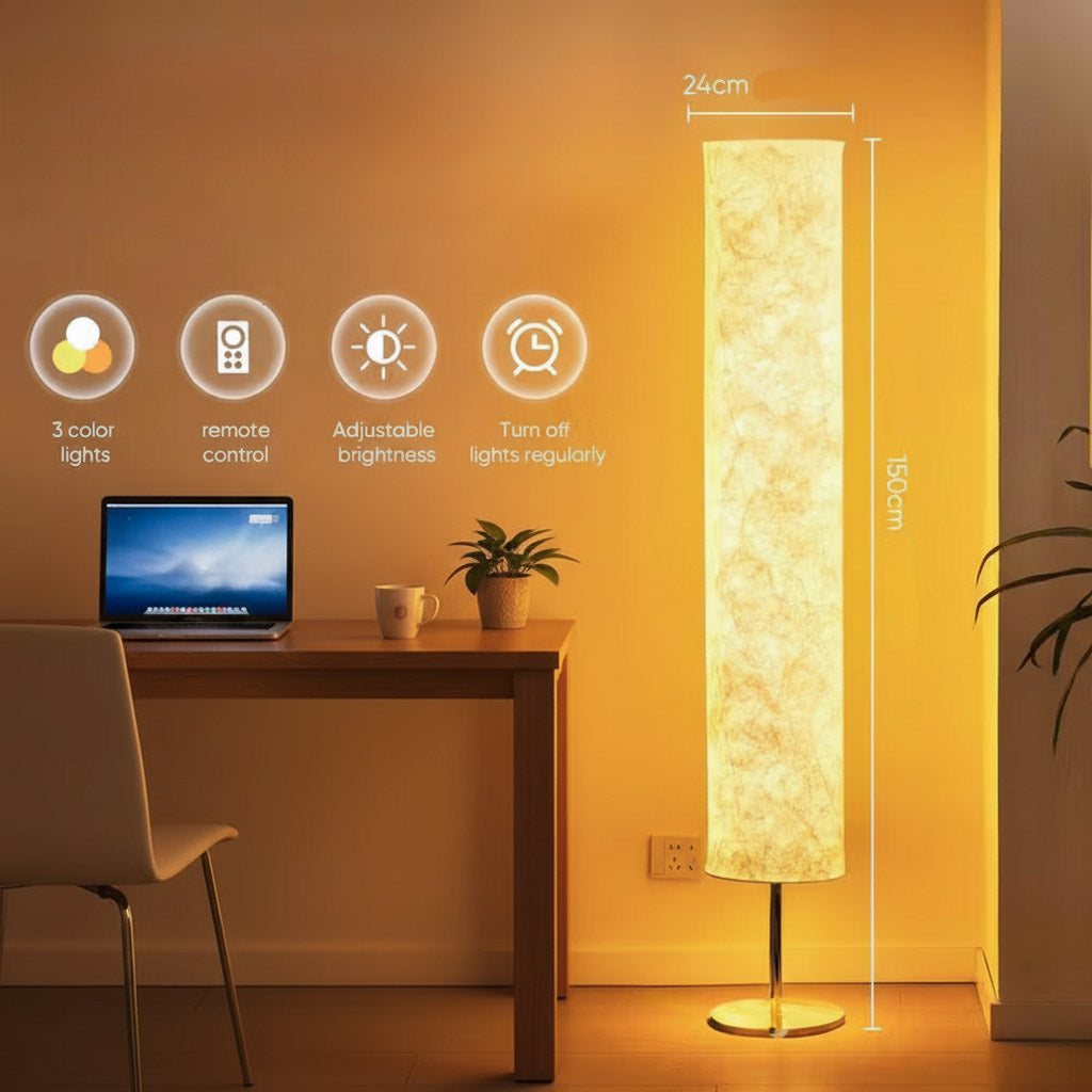 Japandi Style LED Floor Lamp, Wabi Sabi Fabric Shade, Wooden Base