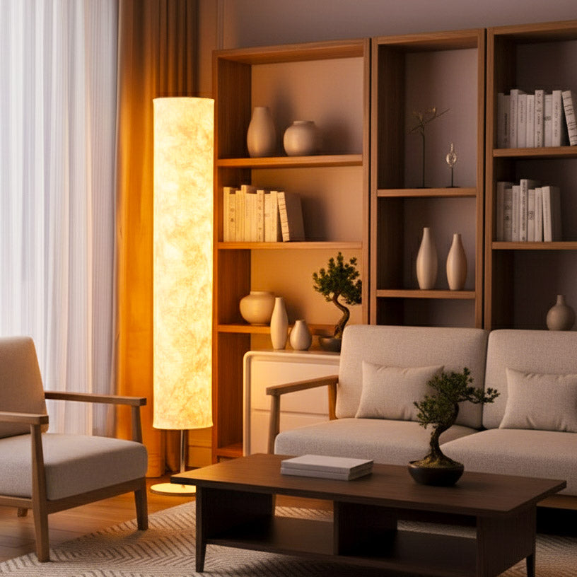 Japandi style LED Floor Lamp, Wabi Sabi fabric shade, metal base